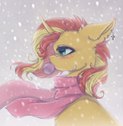 Size: 2000x2040 | Tagged: safe, artist:saltyvity, sunset shimmer, pony, unicorn, g4, bandage, bubble, bubblegum, clothes, cold, cool, cute, ear piercing, earring, female, food, gray background, gum, high res, jewelry, mare, piercing, red hair, sad, sad eyes, sad pony, scarf, simple background, snow, snowfall, solo