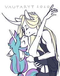 Size: 1280x1623 | Tagged: safe, artist:vautaryt, oc, oc only, unicorn, anthro, clothes, curved horn, ear piercing, earring, eyes closed, female, horn, hug, jewelry, kissing, lesbian, nose piercing, nose ring, piercing, simple background, transparent background