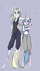 Size: 1087x1920 | Tagged: safe, artist:vautaryt, oc, oc only, unicorn, anthro, unguligrade anthro, belly button, clothes, curved horn, female, height difference, horn, lavender background, long legs, midriff, pants, simple background, tank top