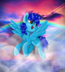 Size: 1000x1100 | Tagged: safe, artist:snowheart200412, oc, oc:apply, pegasus, pony, cloud, flying, happy, heterochromia, male, pegasus oc, rainbow, scenery, spread wings, stallion, wings