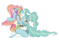 Size: 1280x867 | Tagged: safe, artist:vautaryt, oc, oc only, pegasus, unicorn, anthro, unguligrade anthro, butt freckles, colored wings, ear freckles, eyes closed, female, floppy ears, freckles, lesbian, midriff, multicolored wings, simple background, smiling, spread wings, tattoo, transparent background, wings