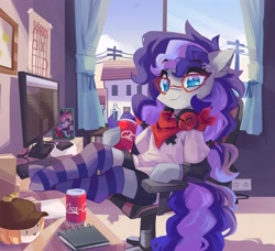 Size: 4096x3732 | Tagged: safe, artist:saxopi, oc, oc only, oc:cinnabyte, oc:lillybit, earth pony, semi-anthro, arm hooves, bandana, baseball cap, blue eyes, bow, building, cap, chair, clothes, coca-cola, colored pupils, computer, computer screen, drink, earth pony oc, eyebrows, eyebrows visible through hair, eyelashes, female, framed picture, glasses, hat, headphones, high res, looking at you, mare, multicolored mane, multicolored tail, office chair, red glasses, shirt, shorts, socks, striped socks, t-shirt, table, tail, telephone pole, window