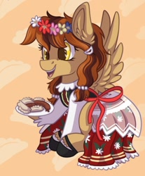 Size: 696x840 | Tagged: safe, artist:julunis14, artist:monnarcha, oc, oc only, oc:poffertje, pegasus, pony, clothes, cropped, dress, female, folk costume, food, mare, open mouth, open smile, pegasus oc, pierogi, plate, poland, ponycon holland, sitting, smiling, solo, spread wings, traditional dress, wings