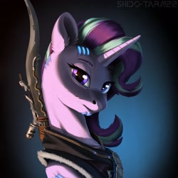 Size: 2500x2500 | Tagged: safe, artist:shido-tara, starlight glimmer, collaboration:choose your starlight, g4, bust, collaboration, crossover, high res, horizon zero dawn, looking at you, portrait, simple background, solo, technology