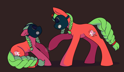 Size: 1280x748 | Tagged: safe, artist:magical-horses, oc, oc only, oc:sweet release, earth pony, pony, braid, braided pigtails, braided tail, brown background, clone, cowering, doppelganger, earth pony oc, gas mask, green mane, hair tie, mask, red coat, simple background, tail, threatening