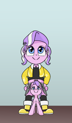 Size: 1000x1714 | Tagged: safe, artist:happy harvey, diamond tiara, earth pony, human, pony, equestria girls, g4, blue eyes, boots, chest fluff, child, clothes, ear fluff, ear piercing, exposed belly, female, filly, foal, hairpin, hand on hip, human ponidox, jacket, jewelry, looking up, midriff, necklace, phone drawing, piercing, pink body, self paradox, self ponidox, shirt, shoes, size difference, skirt, smiling, smol, tiara