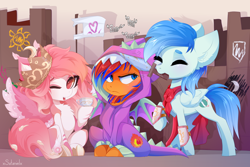 Size: 5400x3600 | Tagged: safe, artist:xsatanielx, oc, oc only, oc:latandra sweetberry, oc:sports news, pony, rcf community, clothes, commission, costume, cup, dragon costume, kigurumi, paper crown, teacup, toy sword, ych result