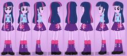 Size: 960x426 | Tagged: safe, artist:rupahrusyaidi, twilight sparkle, equestria girls, g4, clothes, female, front view, full body, rear view, shirt, shoes, side view, skirt, smiling, solo, standing, three quarter view, turnaround