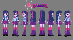 Size: 828x453 | Tagged: safe, artist:rupahrusyaidi, twilight sparkle, equestria girls, clothes, female, front view, full body, gray background, rear view, shirt, shoes, side view, simple background, skirt, smiling, solo, standing, three quarter view, turnaround