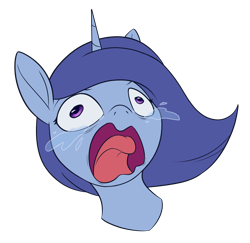 Size: 2428x2364 | Tagged: safe, artist:dusthiel, oc, oc only, oc:mirror magic, pony, unicorn, aqua (konosuba) faic meme, blue mane, bust, crying, high res, horn, konosuba, open mouth, portrait, shrunken pupils, simple background, solo, transparent background, unicorn oc