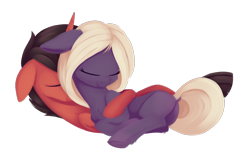 Size: 2892x1812 | Tagged: safe, artist:dusthiel, oc, oc only, oc:libra lavanda, oc:mars aurelian, earth pony, pony, unicorn, butt, dock, duo, earth pony oc, eyes closed, floppy ears, high res, hooves, horn, lying down, plot, simple background, smiling, tail, transparent background, unicorn oc