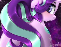 Size: 1500x1150 | Tagged: safe, artist:llametsul, starlight glimmer, pony, unicorn, g4, blushing, butt, colored, covering, cute, eye clipping through hair, female, floppy ears, glimmer glutes, glimmerbetes, lineless, looking at you, looking back, looking back at you, mare, plot, rear view, solo, starry eyes, stars, surprised, tail, tail covering, wingding eyes