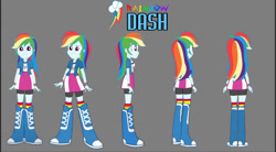 Size: 828x456 | Tagged: safe, artist:rupahrusyaidi, rainbow dash, equestria girls, g4, boots, clothes, gray background, shirt, shoes, simple background, skirt, socks, solo