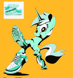 Size: 1909x2048 | Tagged: safe, artist:brdte, lyra heartstrings, pony, unicorn, g4, drip, happy, nike, orange background, perspective, shoes, simple background, smiling, sneakers, solo