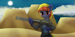 Size: 4096x2048 | Tagged: safe, artist:darbedarmoc, oc, oc only, pegasus, pony, cloud, desert, eyelashes, gun, parody, postal, red eyes, sky, solo, sun, weapon, wild west