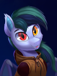 Size: 1193x1596 | Tagged: safe, artist:foxpit, oc, oc only, oc:scrimmy, bat pony, pony, bat pony oc, clothes, heterochromia, looking at you, solo, tongue out