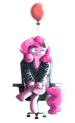 Size: 2048x3351 | Tagged: safe, artist:fatjelyfish, pinkie pie, earth pony, pony, g4, balloon, blue eyes, chair, clothes, crossed legs, high res, jacket, leather jacket, office chair, one eye closed, painted, pink hair, simple background, sitting, transparent background, wink