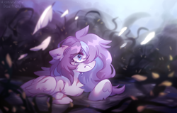Size: 4612x2925 | Tagged: safe, artist:dedfriend, oc, oc only, oc:butterfly effect, pegasus, pony, crying, feather, floppy ears, solo, water