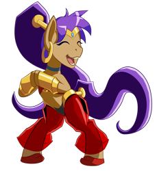 Size: 1600x1723 | Tagged: safe, artist:sa1ntmax, earth pony, genie, genie pony, pony, bipedal, clothes, collar, crossover, dancing, eyes closed, female, happy, headband, hooves together, mare, open mouth, open smile, ponified, ponytail, shantae, shantae (character), simple background, smiling, solo, tail, tail wrap, transparent background