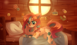 Size: 3783x2211 | Tagged: safe, artist:dedfriend, oc, oc only, earth pony, pony, bed, braid, high res, pillow, solo, sticker, window