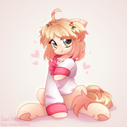 Size: 3216x3200 | Tagged: safe, artist:dedfriend, oc, oc only, earth pony, pony, clothes, female, heart, high res, mare, shirt, simple background, sitting, solo, speedpaint available, underhoof