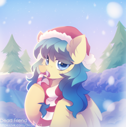 Size: 3512x3560 | Tagged: safe, artist:dedfriend, oc, oc only, pegasus, pony, candy, candy cane, christmas, clothes, food, hat, high res, holiday, santa hat, scarf, snow, solo, striped scarf