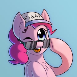 Size: 820x820 | Tagged: safe, artist:beefgummies, pinkie pie, earth pony, pony, g4, baseball cap, bust, cap, chest fluff, commission, curly mane, hat, one eye closed, portrait, raised hoof, solo, sunglasses, tongue out, wink