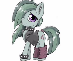 Size: 3857x3258 | Tagged: safe, artist:a.s.e, marble pie, earth pony, pony, g4, bracelet, choker, clothes, collar, ear piercing, female, hair over one eye, happy, high res, jewelry, leather vest, looking at you, mare, piercing, simple background, smiling, solo, spiked choker, spiked collar, spiked wristband, white background, wristband