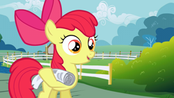 Size: 1280x720 | Tagged: safe, screencap, apple bloom, earth pony, pony, g4, ponyville confidential, female, fence, filly, foal, newspaper, solo
