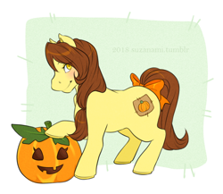 Size: 700x607 | Tagged: safe, artist:suzanami, oc, oc only, oc:pumpkin patch, earth pony, pony, g3, blushing, bow, brown mane, commission, female, halloween, holiday, jack-o-lantern, mare, multicolored mane, ponytail, pumpkin, solo, tail, tail bow, yellow coat, yellow eyes