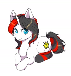 Size: 1226x1310 | Tagged: safe, artist:gittykitty264, oc, oc only, oc:starforce fireline, pony, unicorn, clothes, cute, eyebrows, eyebrows visible through hair, female, looking at you, lying down, mare, simple background, smiling, socks, solo, white background