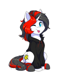 Size: 849x1030 | Tagged: safe, artist:gittykitty264, oc, oc only, oc:starforce fireline, pony, unicorn, :p, clothes, cute, eyebrows, eyebrows visible through hair, female, hoodie, looking at you, mare, multicolored hair, one eye closed, simple background, sitting, smiling, socks, solo, tongue out, white background