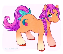 Size: 2048x1761 | Tagged: safe, artist:suzanami, sunny starscout, earth pony, pony, g1, g5, my little pony: a new generation, blushing, bow, braid, chonk, eyeshadow, female, g5 to g1, generation leap, makeup, mare, solo, tail, tail bow, thick, unshorn fetlocks