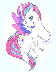 Size: 900x1159 | Tagged: safe, artist:suzanami, zipp storm, pegasus, pony, g1, g5, my little pony: a new generation, blue eyes, bow, colored hooves, colored wings, female, flying, g5 to g1, generation leap, mare, multicolored hair, multicolored mane, multicolored wings, short mane, solo, tail, tail bow, unshorn fetlocks, white coat, wings