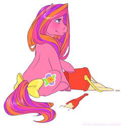Size: 800x833 | Tagged: safe, artist:suzanami, beachberry, earth pony, pony, g3, bow, bucket, colorful, female, mare, multicolored hair, multicolored mane, neon, pink coat, sand, shovel, simple background, sitting, solo, tail, tail bow, white background