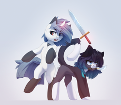 Size: 3156x2725 | Tagged: safe, artist:n_thing, oc, oc:bloody sky, oc:shenki, cat, earth pony, hybrid, pony, unicorn, duo, game, high res, sketch, weapon
