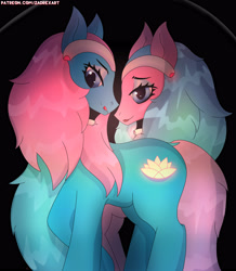 Size: 3665x4202 | Tagged: safe, artist:zadrex, aloe, lotus blossom, earth pony, pony, g4, alternate hairstyle, blue eyes, choker, dark, duo, glowing, grin, headband, light skin, long hair, long mane, looking at you, makeup, reflection, shiny, simple background, smiling, spa twins, standing