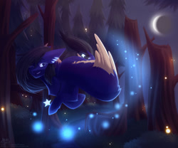 Size: 1600x1333 | Tagged: safe, artist:dedfriend, oc, oc only, firefly (insect), insect, pegasus, pony, forest, moon, night, solo