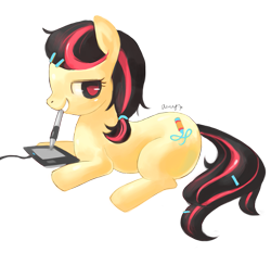 Size: 945x879 | Tagged: safe, artist:amy30535, oc, oc only, earth pony, pony, earth pony oc, eyelashes, female, grin, mare, mouth hold, signature, simple background, smiling, solo, stylus, tablet, transparent background