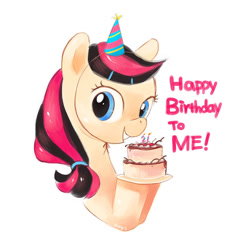 Size: 800x800 | Tagged: safe, artist:amy30535, oc, oc only, earth pony, pony, birthday cake, bust, cake, earth pony oc, eyelashes, female, food, happy birthday, hat, mare, party hat, simple background, smiling, solo, white background