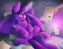 Size: 1280x996 | Tagged: safe, artist:natanvok, twilight sparkle, alicorn, pony, g4, belly, chest fluff, ear fluff, hand, hooves on belly, magic, pillow, solo, twilight sparkle (alicorn)