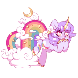 Size: 894x894 | Tagged: safe, artist:miioko, oc, oc only, pony, unicorn, cloud, crescent moon, horn, moon, rainbow, simple background, solo, starry eyes, transparent background, unicorn oc, unshorn fetlocks, wingding eyes