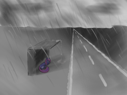 Size: 4000x3000 | Tagged: safe, artist:pholed, oc, bus stop, cloud, grayscale, lying down, monochrome, rain, road, sad