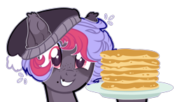 Size: 2620x1533 | Tagged: safe, artist:toffeelavender, oc, oc only, earth pony, pony, base used, beanie, bust, female, food, grin, hat, hoof hold, mare, pancakes, plate, simple background, smiling, solo, transparent background