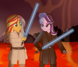 Size: 1024x879 | Tagged: safe, artist:emeraldblast63, starlight glimmer, sunset shimmer, equestria girls, g4, anakin skywalker, crossover, jedi, lava, lightsaber, mustafar, obi wan kenobi, sith, star wars, star wars: revenge of the sith, weapon