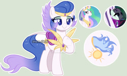 Size: 1024x616 | Tagged: safe, artist:stormcloud-yt, coloratura, princess celestia, oc, alicorn, earth pony, pegasus, pony, g4, base used, clothes, countess coloratura, crack ship offspring, ethereal mane, female, hoof on chest, magical lesbian spawn, mare, offspring, parent:coloratura, parent:princess celestia, parents:celestura, pegasus oc, raised hoof, screencap reference, smiling, starry mane, wings