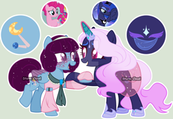 Size: 1024x710 | Tagged: safe, artist:stormcloud-yt, pinkie pie, princess luna, oc, alicorn, earth pony, pegasus, pony, unicorn, g4, base used, colored wings, ethereal mane, female, holding hooves, magical lesbian spawn, mare, offspring, parent:pinkie pie, parent:princess luna, parents:lunapie, screencap reference, smiling, starry mane, two toned wings, wings