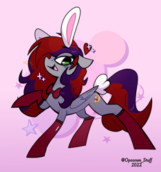 Size: 936x1000 | Tagged: safe, artist:opossum-stuff, oc, oc only, oc:evening prose, pegasus, pony, boots, bowtie, bunny ears, bunny tail, female, freckles, jewelry, mare, necklace, pearl necklace, shoes, tail