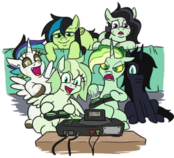 Size: 792x719 | Tagged: safe, artist:jargon scott, oc, oc only, oc:anonkrieg, oc:anonogee, oc:anonzala, oc:gaia, oc:nyxanon, oc:okie dokey loki, alicorn, hybrid, pegasus, pony, unicorn, zony, black sclera, controller, couch, female, filly, foal, freckles, frown, game console, hair over one eye, half-siblings, half-sisters, hoof hold, magical lesbian spawn, multiple parents, offspring, open mouth, open smile, parent:oc:apogee, parent:oc:dyx, parent:oc:filly anon, parent:oc:luftkrieg, parent:oc:nyx, parent:oc:zala, parents:oc x oc, sega genesis, sharp teeth, siblings, simple background, sisters, slit pupils, smiling, teeth, television, white background, wingding eyes, yellow sclera