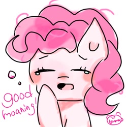 Size: 768x768 | Tagged: safe, artist:oekakikumao, pinkie pie, earth pony, pony, g4, crying, eyes closed, female, good morning, mare, open mouth, simple background, solo, teary eyes, white background